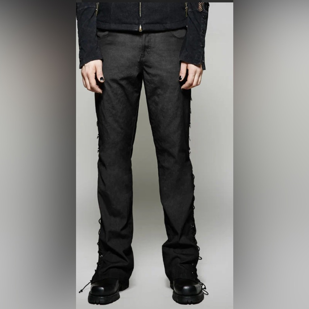 Punk Rave Men Black Gothic Punk Metallic Straight Pants Lace Casual Trousers